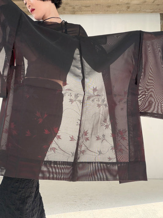 VINTAGE BLACK HAORI SHEER “sha, inside-red, vines, SHH040" *damage