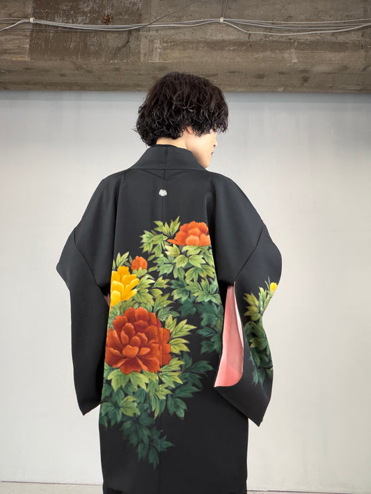 VINTAGE BLACK HAORI "botan, BLK120"