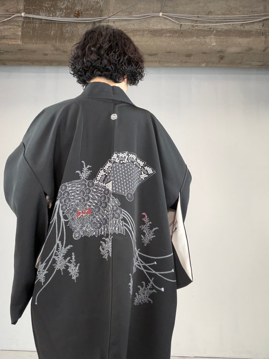 VINTAGE BLACK HAORI "ougi, BLK122"