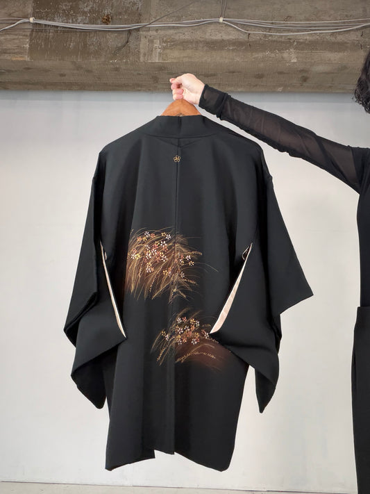 VINTAGE BLACK HAORI "susuki-kobana, BLK123"