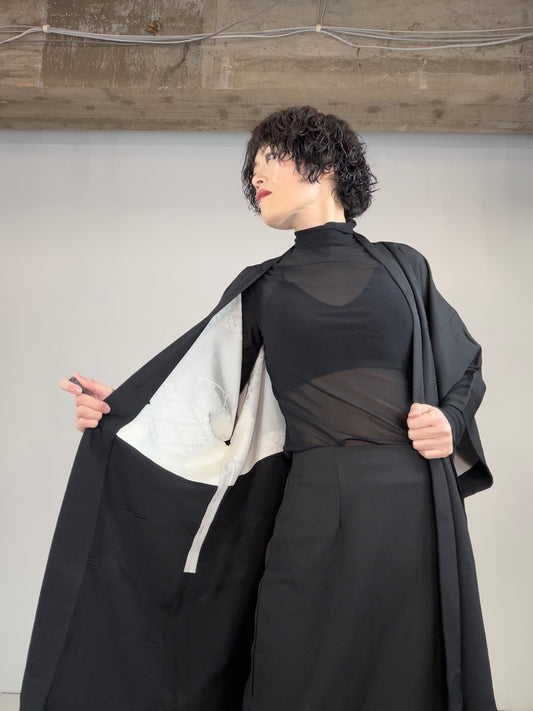 VINTAGE BLACK HAORI "seigaiha, BLK129"