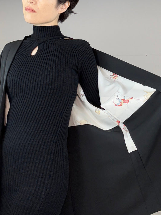 VINTAGE BLACK HAORI "kinkoma-embroidery, hana-tsuzumi, inside chigo"