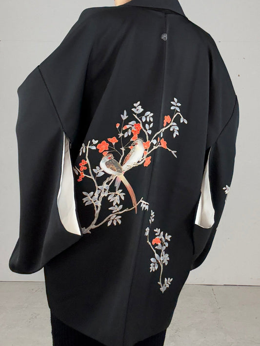 VINTAGE BLACK HAORI "painted, bird tree"