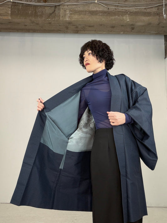 VINTAGE KAWAII HAORI oversized "oshima, blue,dragon,fuji,059"