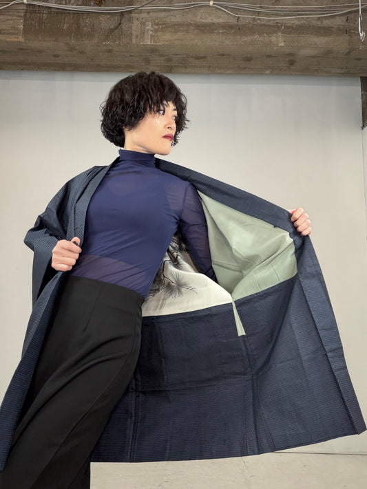 VINTAGE KAWAII HAORI oversized "oshima, blue, matu , 058"