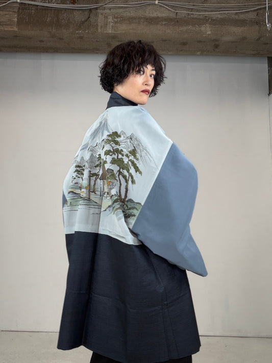 VINTAGE KAWAII HAORI oversized "oshima, blue, fuji ,cyaya , tabi , 044"