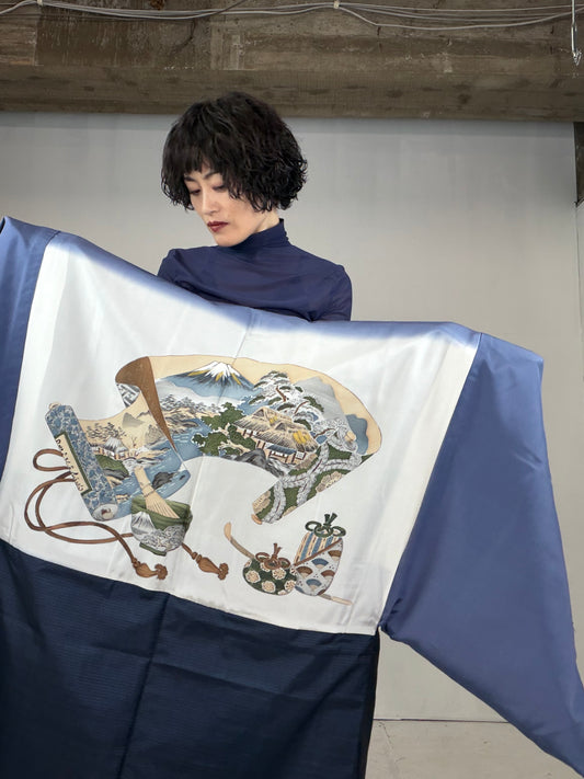 VINTAGE KAWAII HAORI oversized "oshima, blue , emaki , fuji , ocha , 043" shoshi-ari