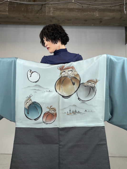 VINTAGE KAWAII HAORI oversized "oshima, brown, daruma , 040"