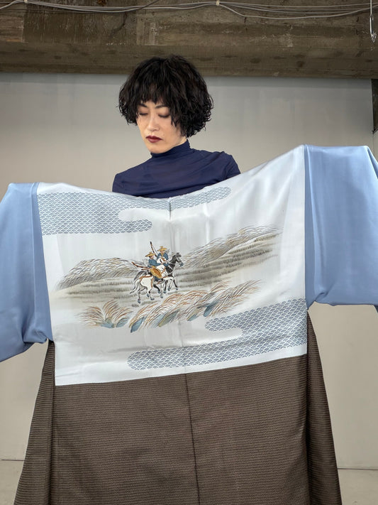 VINTAGE KAWAII HAORI oversized "oshima, brown, kari , 003"