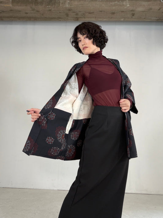 VINTAGE KAWAII HAORI "tsumugi, Haori, black-red, flower, KAW114"