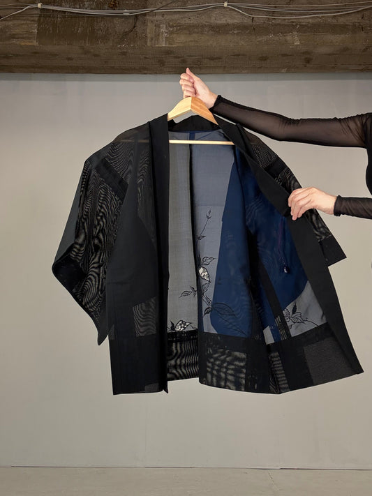 VINTAGE BLACK HAORI SHEER “blue, embroidery, leaf"