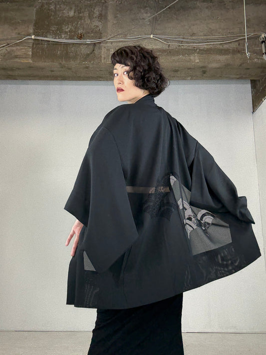 VINTAGE BLACK HAORI SHEER “ro, seigaiha, kiku, kikko"