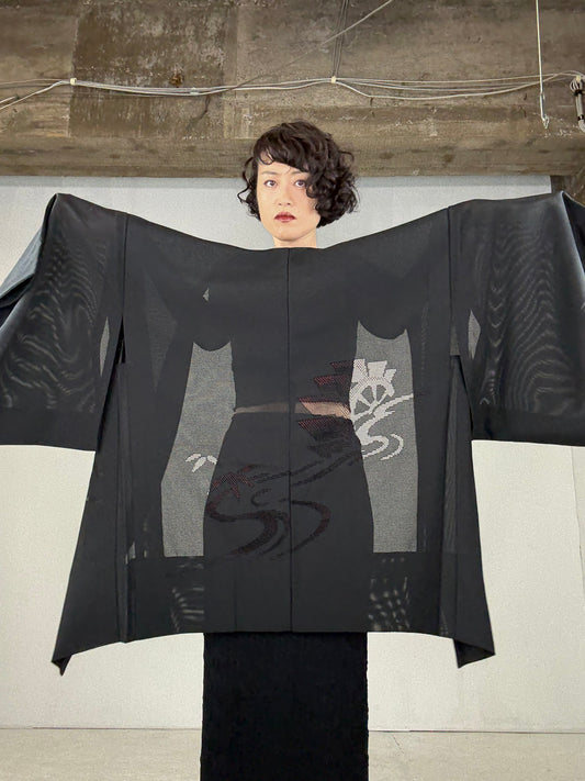 VINTAGE BLACK HAORI SHEER “ro, suisha, red"