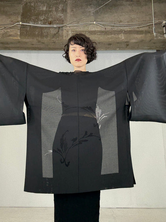 VINTAGE BLACK HAORI SHEER “ro, leaf"