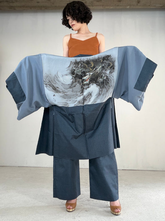 Vintage Oshima Tsumugi Haori & Kimono Pants Set "ASB013" — Upcycled from Japanese Kimono