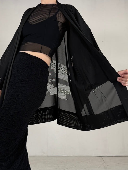 VINTAGE BLACK HAORI SHEER “ro, funade, kamon-tsuta"