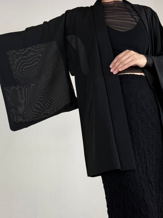 VINTAGE BLACK HAORI SHEER “ro, sukashi-sasa"