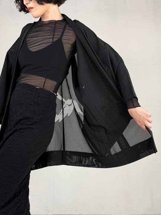 VINTAGE BLACK HAORI SHEER “ro, mountain"