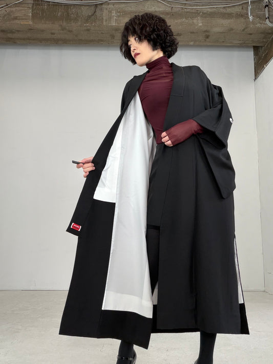 Kimono dress gown and string belt upcycled from Japanese kimono "BLACK KIMONO, sagarifuji, DRE009"