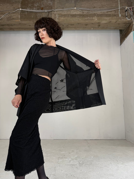 VINTAGE BLACK HAORI SHEER “ro, flower, embroidery"