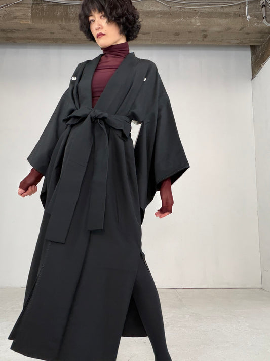 Kimono dress gown and string belt upcycled from Japanese kimono "BLACK KIMONO, tsuru-no-maru, DRE012"