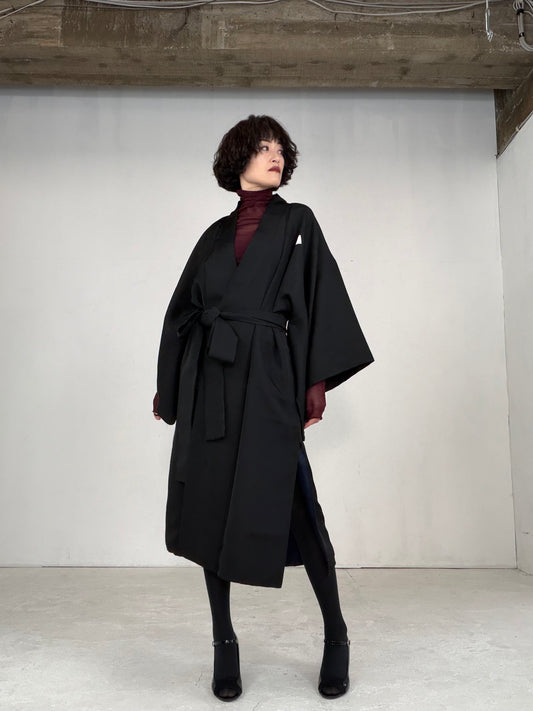 Kimono dress gown and string belt upcycled from Japanese kimono "KUROMONTSUKI KIMONO, DRE013"