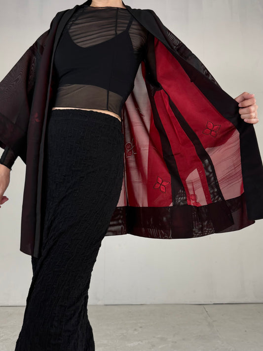 VINTAGE BLACK HAORI SHEER “sha, red, hana"