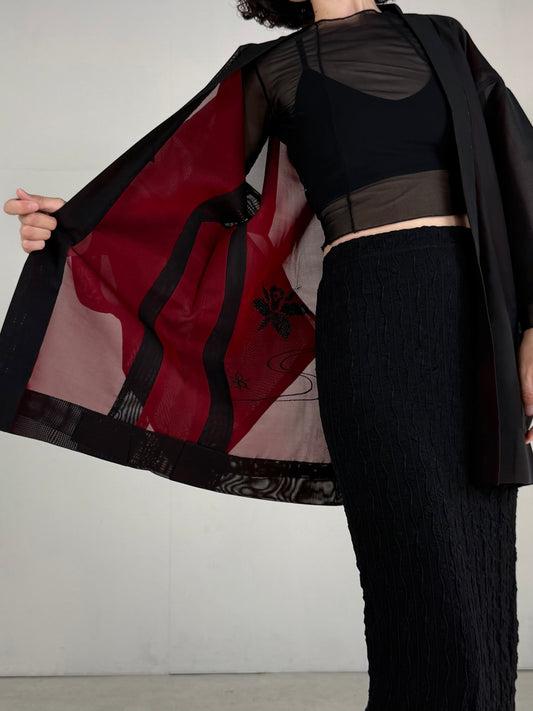 VINTAGE BLACK HAORI SHEER “sha, red, ryusui"
