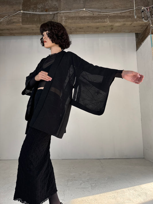 VINTAGE BLACK HAORI SHEER “sha, sougara-kamon"