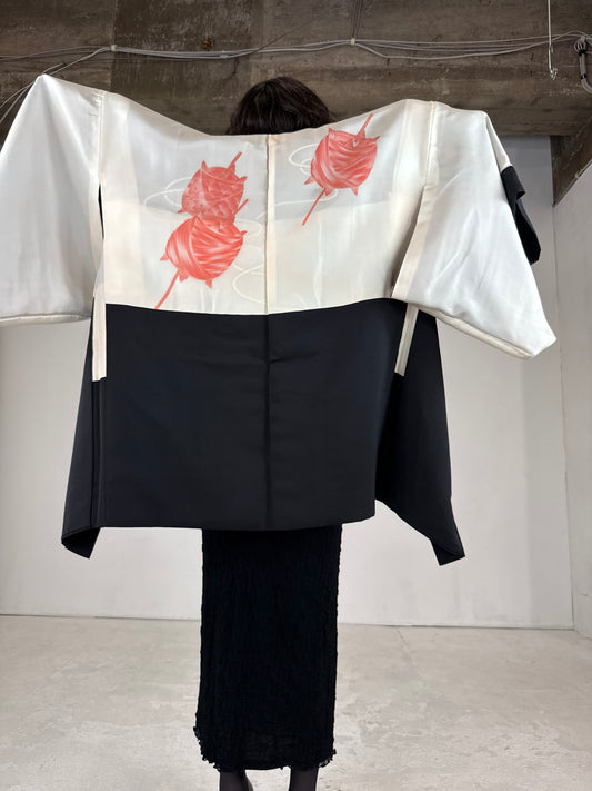 VINTAGE BLACK HAORI "inside-itoguruma, red"