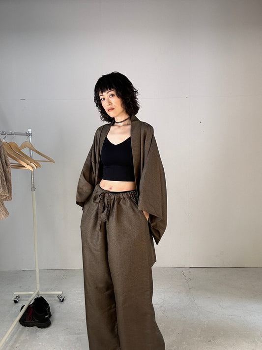 Oshima Tsumugi HAORI and KIMONO elastic waist pants(large size) upcycled from Japanese kimono(Unisex)