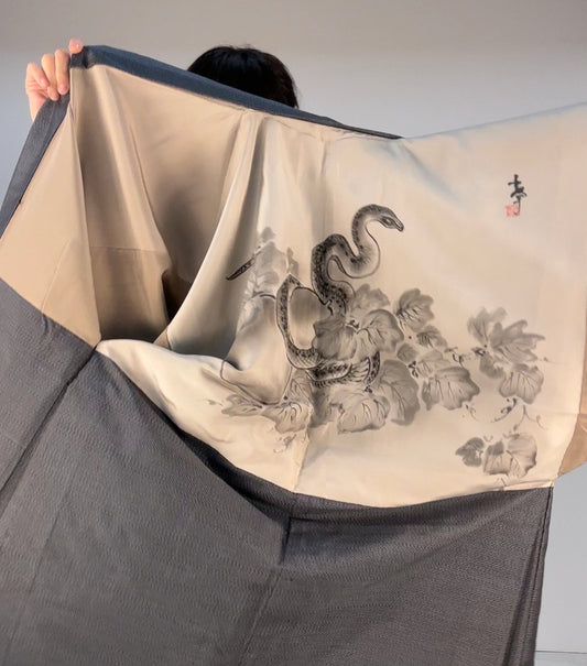 Oshima Tsumugi HAORI and KIMONO elastic waist pants(large size) upcycled from Japanese kimono(Unisex)"snake"
