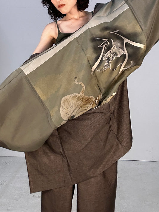 Oshima Tsumugi HAORI and KIMONO elastic waist pants(large size) upcycled from Japanese kimono(Unisex)"dragon tiger"