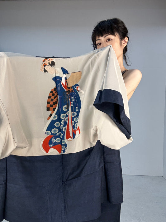 Oshima Tsumugi HAORI and KIMONO elastic waist pants(large size) upcycled from Japanese kimono(Unisex)"bijonga"