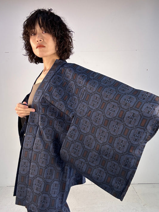 05 Tsumugi HAORI and KIMONO elastic waist pants upcycled from Japanese kimono(Unisex)