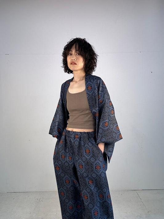 04 Tsumugi HAORI and KIMONO elastic waist pants upcycled from Japanese kimono(Unisex)