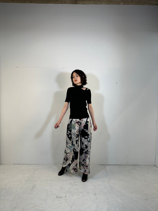 small size_KIMONO DRESSY elastic waist pants upcycled from Japanese kimono (black)