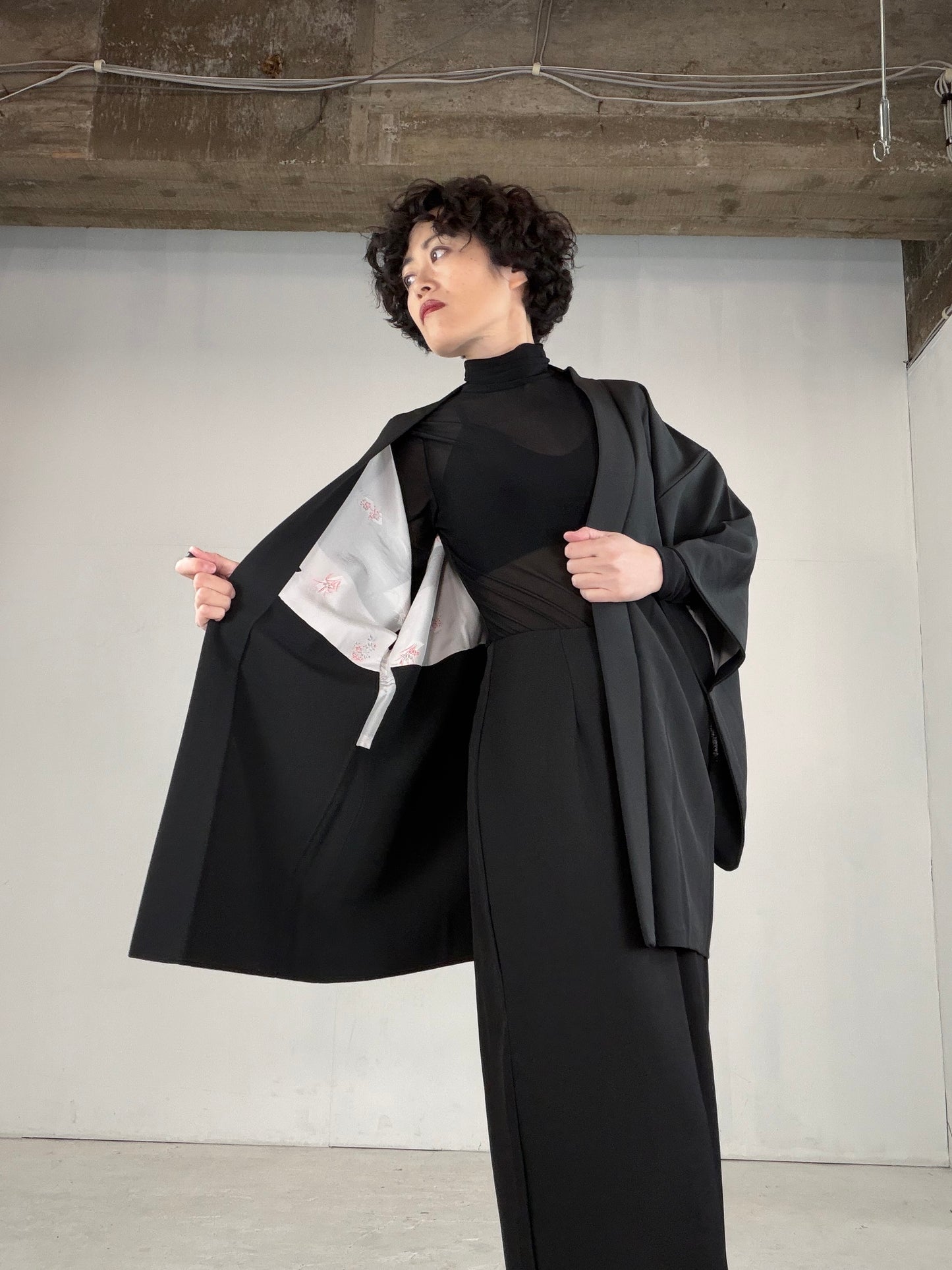 VINTAGE BLACK HAORI  "pink, flower, BLK152"