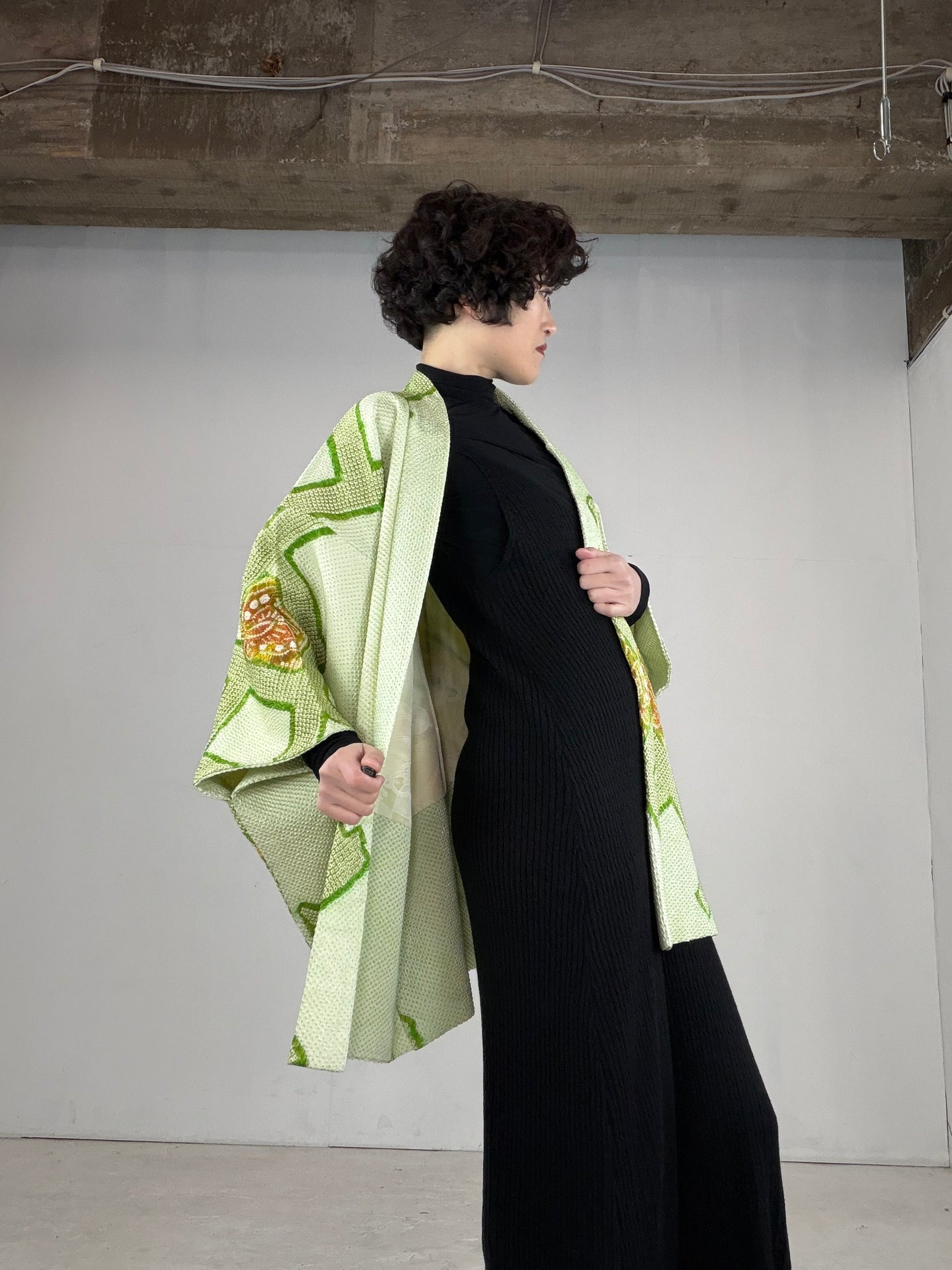 VINTAGE SHIBORI HAORI "green-butterfly, SIB195" *damage