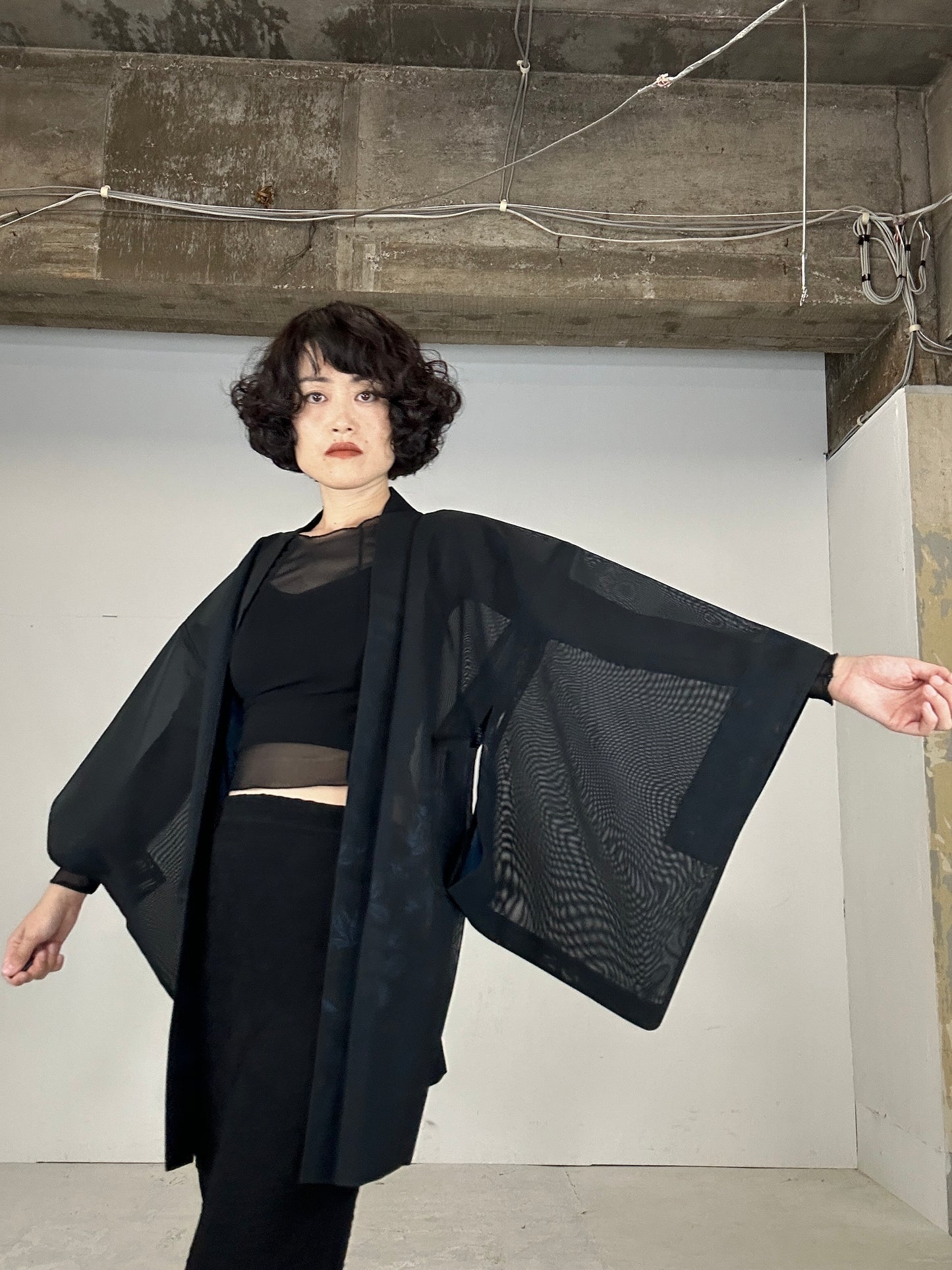 VINTAGE BLACK  HAORI SHEER “ao kusabana"