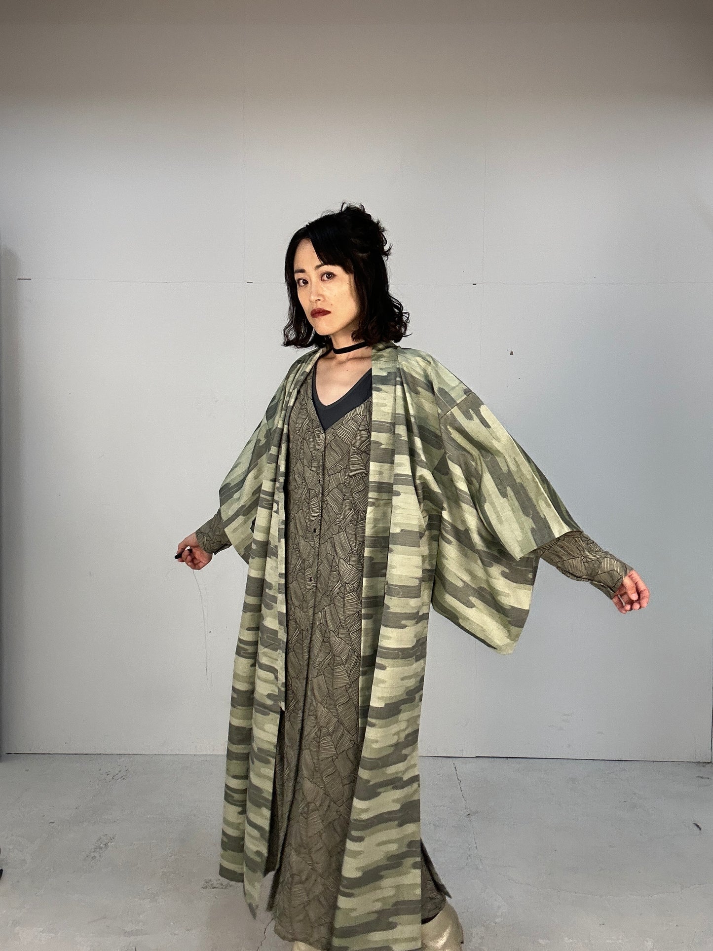 Kimono dress gown and string belt upcycled from Japanese kimono "tsumugi cloud pattern"