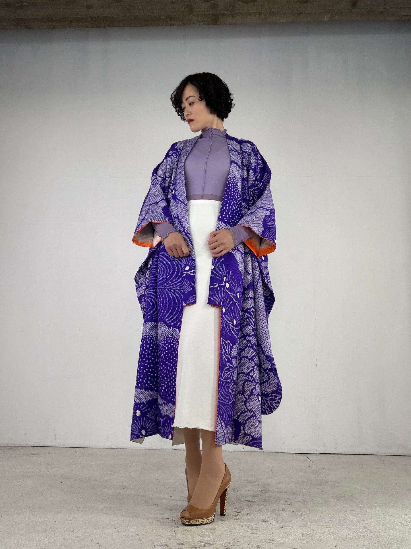 Furisode Kimono Dress Gown with String Belt – Upcycled from Vintage Japanese Kimono "shibori, ,murasaki, DRE022"