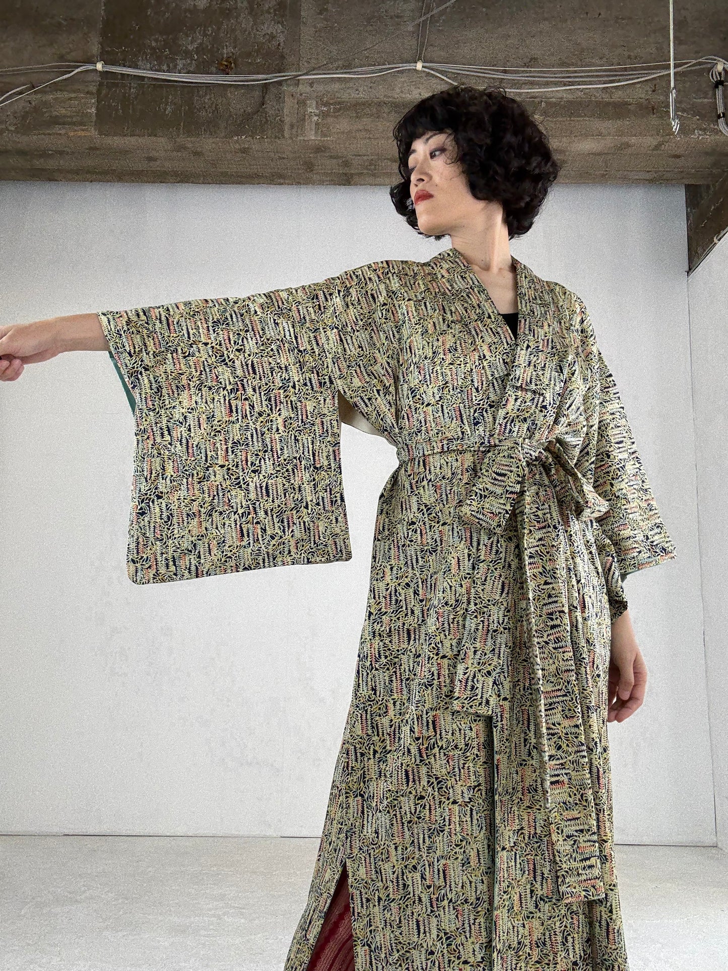 Kimono dress gown and string belt upcycled from Japanese kimono " fuji"