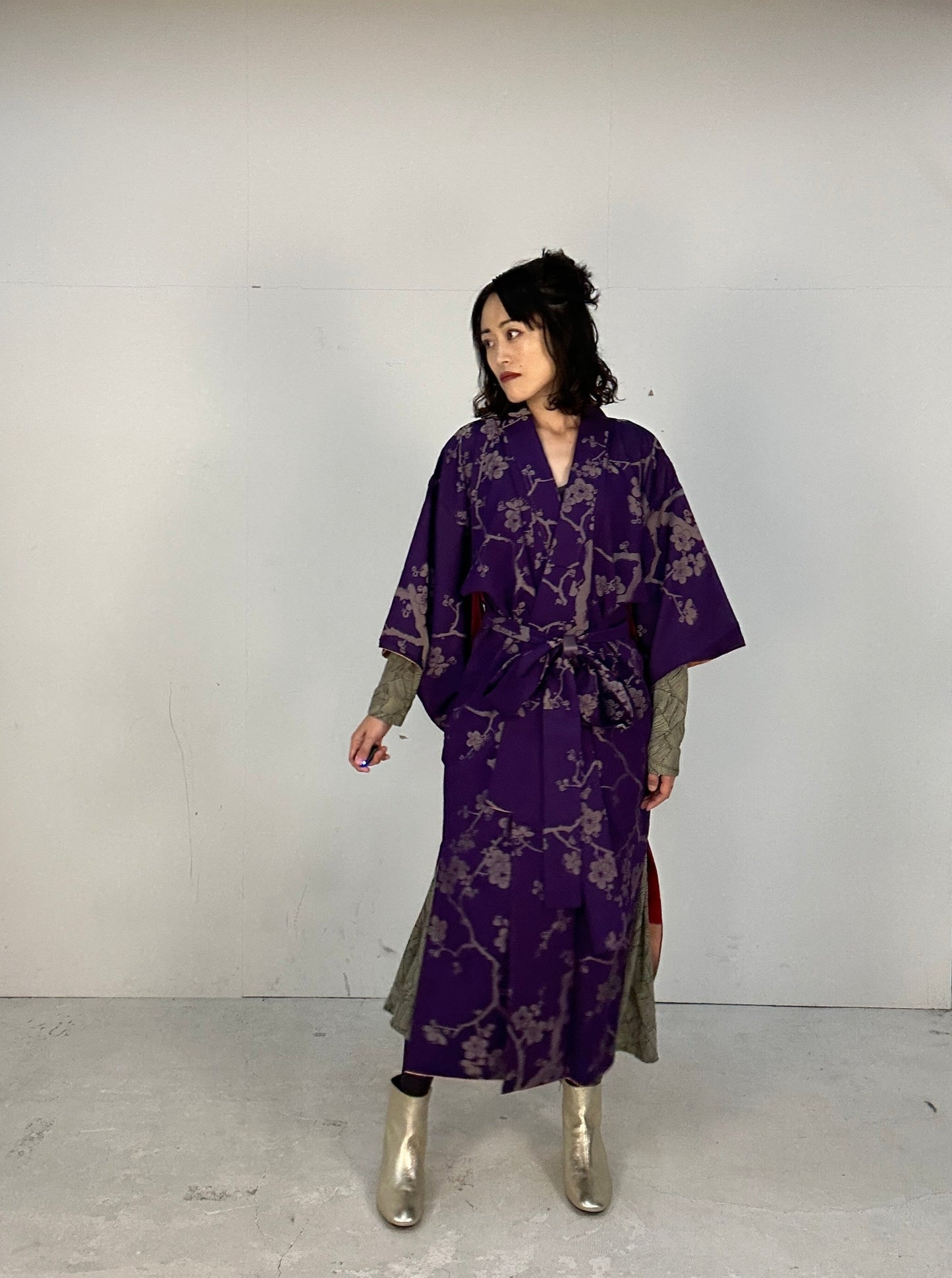 Kimono dress gown and string belt upcycled from Japanese kimono "komon ume"