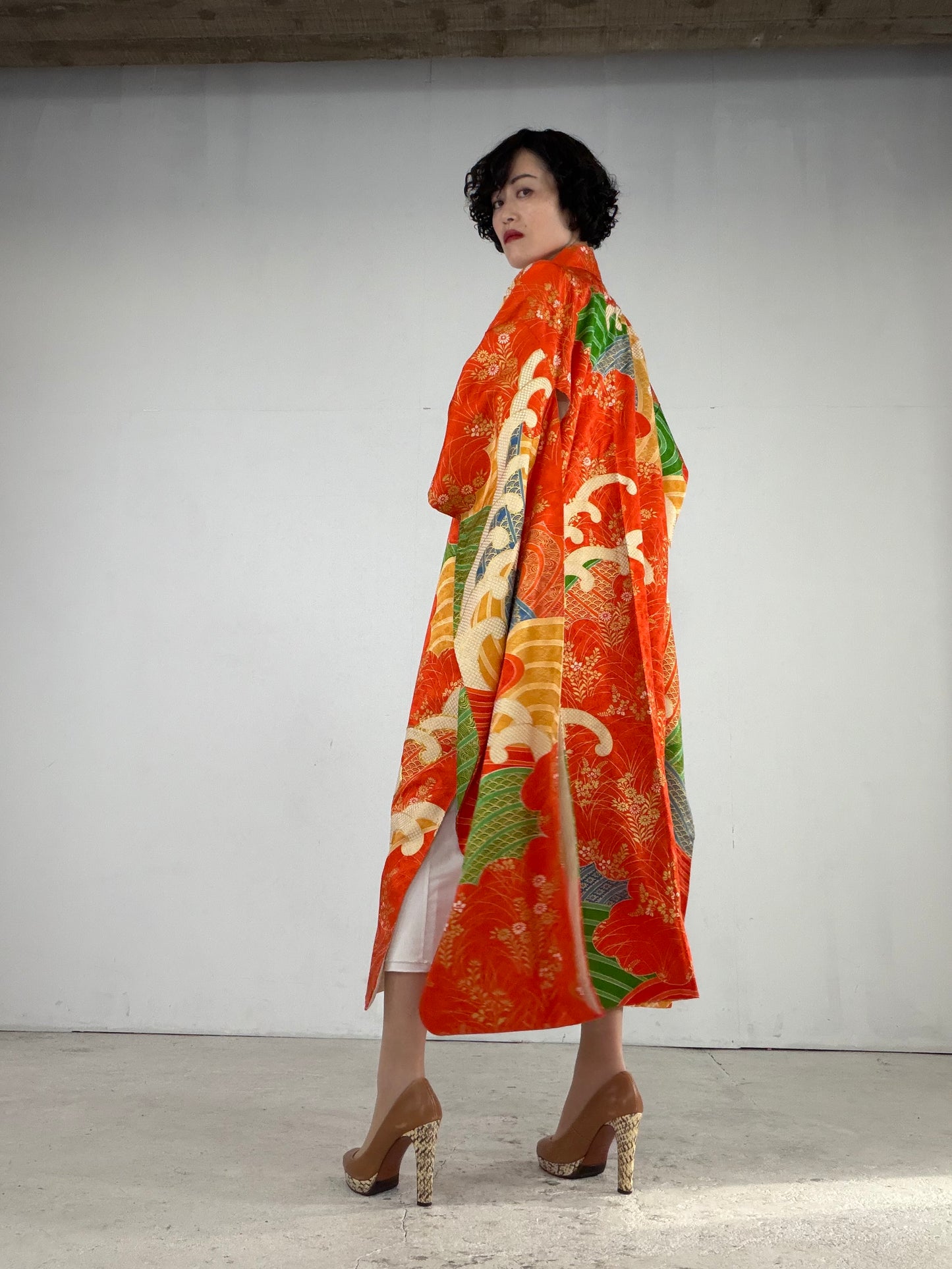 Furisode Kimono Dress Gown with String Belt – Upcycled from Vintage Japanese Kimono "orange, nami, DRE021"
