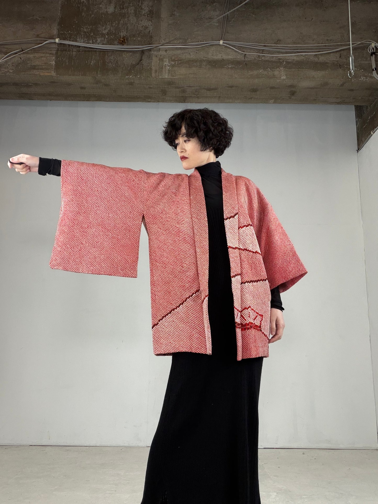 VINTAGE SHIBORI HAORI "matsu-pink, SIB101"*damage