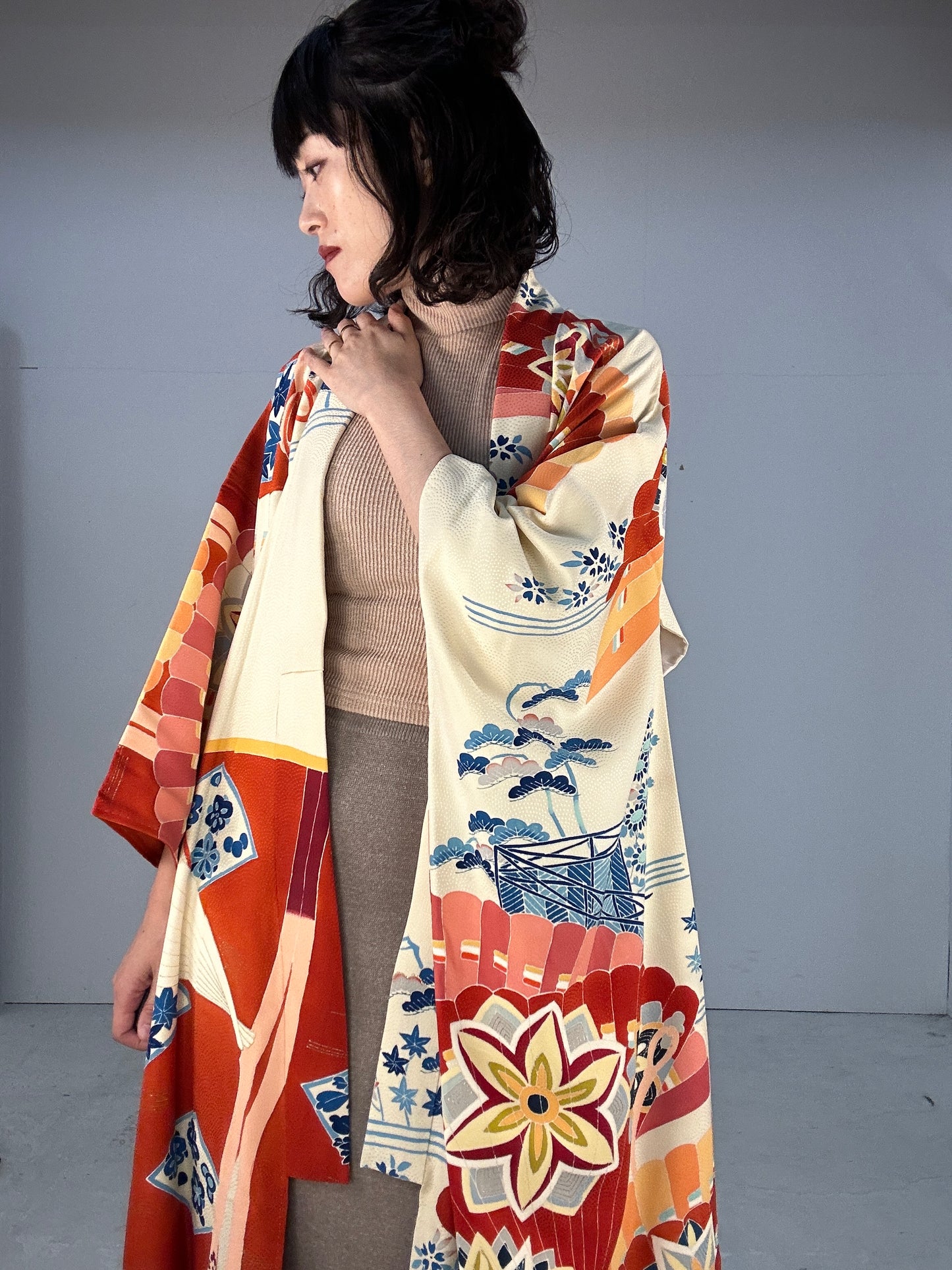 Furisode Kimono dress gown and string belt upcycled from Japanese kimono "furisode aka"