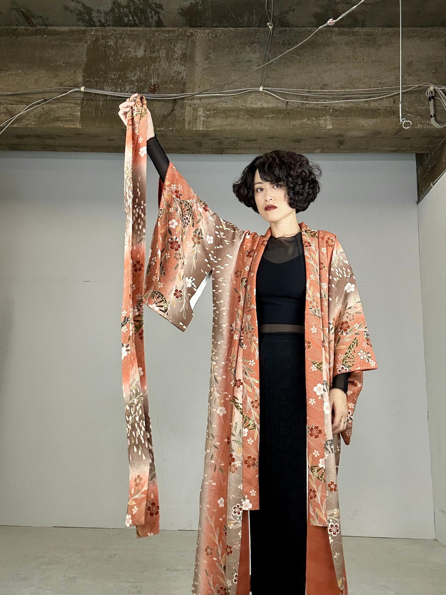 Kimono dress gown and string belt upcycled from Japanese kimono "SAKURA"