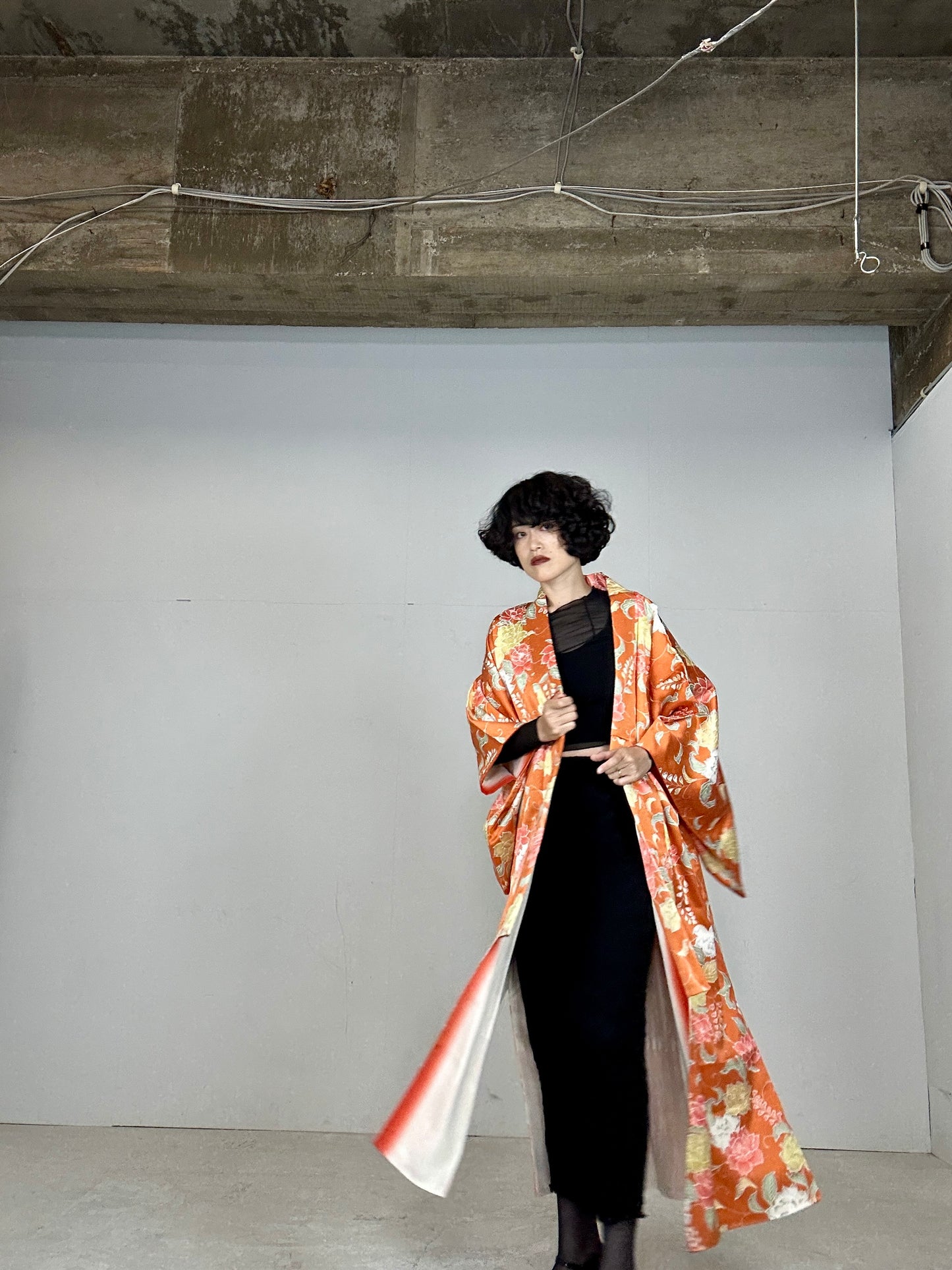 Kimono dress gown and string belt upcycled from Japanese kimono "komon youbana"