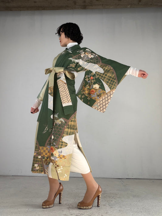 Houmongi Kimono Dress Gown with String Belt – Upcycled from Vintage Japanese Kimono "green, DRE029"